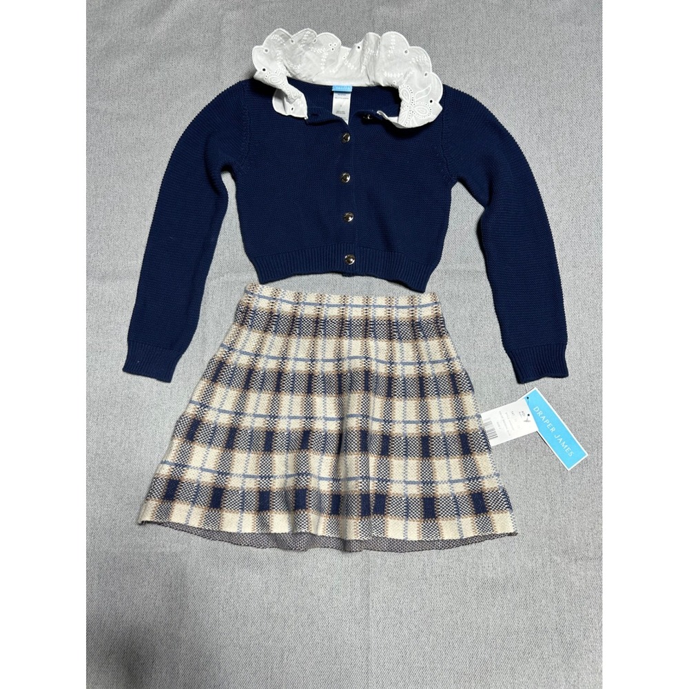 Draper James Cardigan & Skirt Set Girls Size 5 Blue Plaid Eyelet Collar buttons
